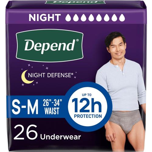 Depend Night Defense Adult Diapers, Incontinence Underwear for Men, Disposable, Overnight, Small/Medium, Grey, 26 Count, Packaging May Vary
