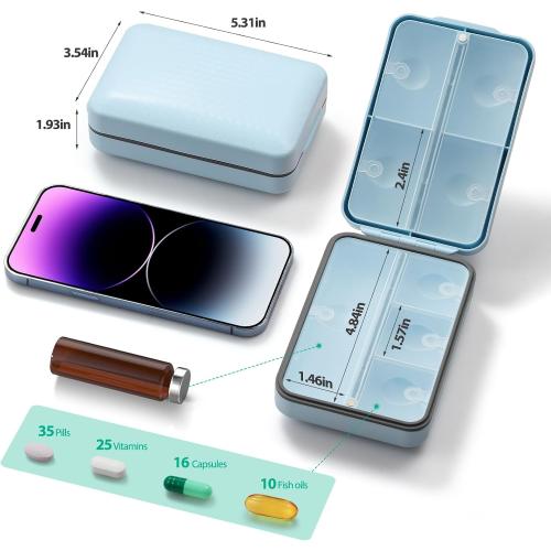 8 Grids Large Capacity Pill Organizer with Labels and Storage Bag, Airtight Medicine Case for Traveling Portable Pharmacy Box Vitamin Container 8 Compartment Supplement Medication Holder Daily, Blue