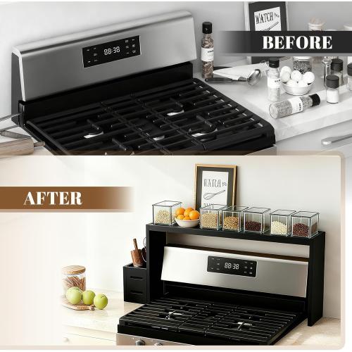 31-inch bamboo stove rack for above the hob, kitchen bamboo spice rack, supports up to 50 pounds. Bamboo stove rack for storing spices and kitchen utensils. (Black)