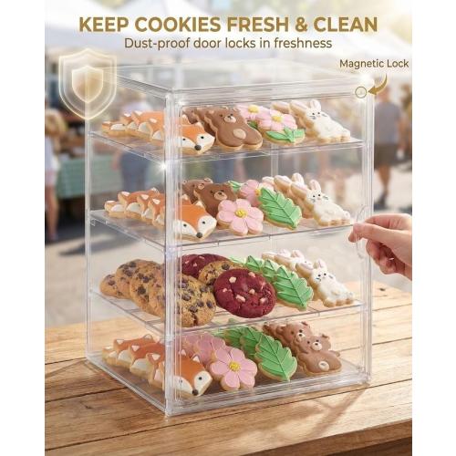 Cookie Display Stand for Bakers, Vendors, Market Booth, Craft Fair, Events | Acrylic Pastry Case with Door for Cupcake, Muffin, Donuts | 4 Tiered Cookie Display Rack with Full Angle Visibility