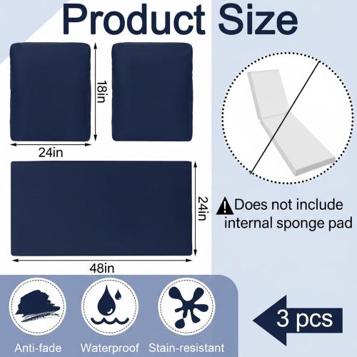 Wenqik 3 Pcs Waterproof Outdoor Seat Cushion Covers Slipcover, Navy Blue