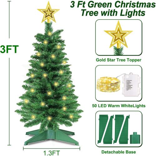 3 Ft Green Christmas Tree with Lights, Timer 8 Modes 50 Warm White Lights Battery Operated Small Artifical Full Christmas Tree for Tabletop Home Office Indoor Outdoor Xmas Holiday Party Decorations