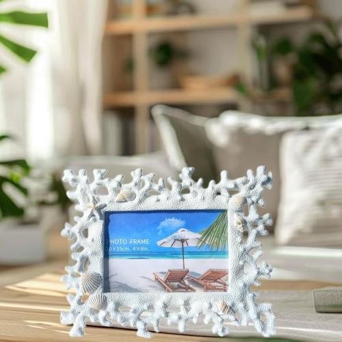 4x6 Coral Shell Picture Frame, White Resin Beach Decor