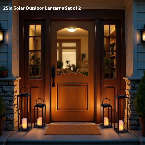 Large Solar Outdoor Lanterns, 25 16 Tall Farmhouse Black Metal Waterproof Decorative Lanterns with Solar Candles for Front Porch, Patio, Christmas, Fall Decor- Set of 2