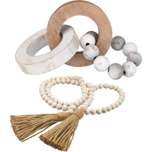 2 Pieces Decorative Wood Knot Link Chain Decor and Bead Garland Set Farmhouse Aesthetic Natural Wooden Knot Chain Link Wood Bead for Boho Country Home Table Decor(Retro Colors)