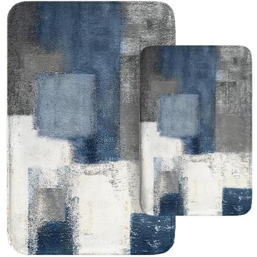 Britimes Bathroom Rug Mat Set of 2, 16x24   20x32 Inch, Abstract Blue White
