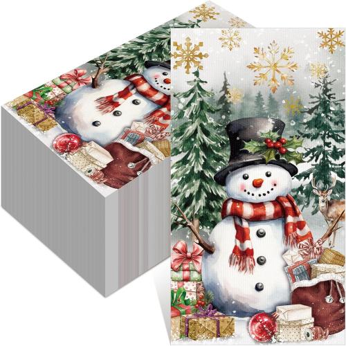 100 Pcs Christmas Guest Napkins 2 Ply Snowman Disposable Paper Napkins for Decoupage Snowflake Elk Xmas Tree Decorative Winter Christmas Cocktail Guest Hand Towel for Party Table Dinner Bathroom