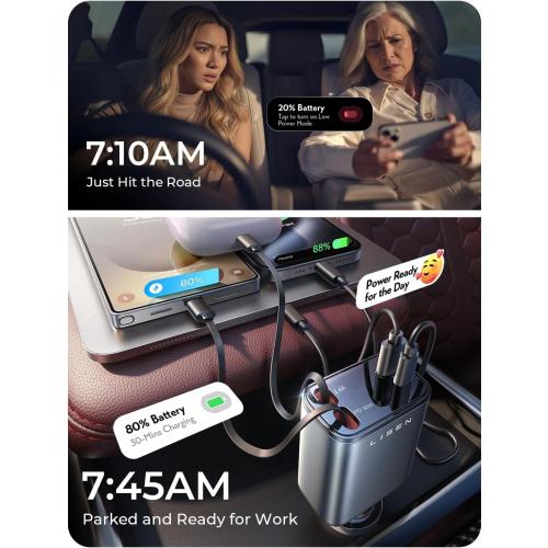 LISEN Retractable Car Charger, Gifts for Him Her, Cars Adapter USB C Fast Charger, Car Accessories Gadgets for Men Women Travel Essentials Gifts for iPhone 17 16 15 14 13 12 Pro Max, Samsung S26 S25