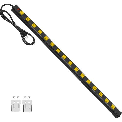 JUNNUJ Long Metal 16 Outlet Wide Spaced Power Strip, Yellow, 6 FT Cord | Heavy Duty Wall Mount Outlets for Garage Industrial Workshop, ETL Listed, 15A, 125V, 1875W