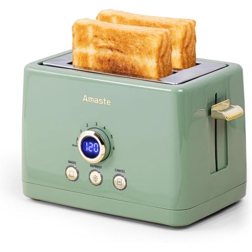 2 Slice Toaster, Retro Bread Toaster with LED Display, Extra Wide Slots Toasters with 6 Bread Shade Settings, Bagel, Cancel, Defrost Function, Stainless Steel with High Lift Lever, Removal Crumb Tray