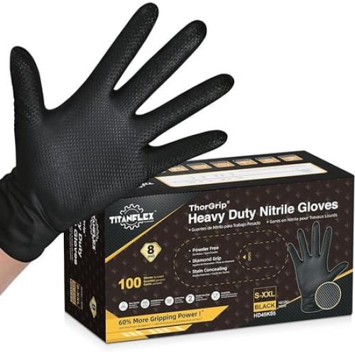 TitanFlex ThorGrip Heavy Duty Black Industrial Nitrile Gloves, 8-mil, XL, Box of 100, Latex Free, Raised Diamond Texture, Powder Free, Food Safe, Rubber Gloves, Mechanic Gloves
