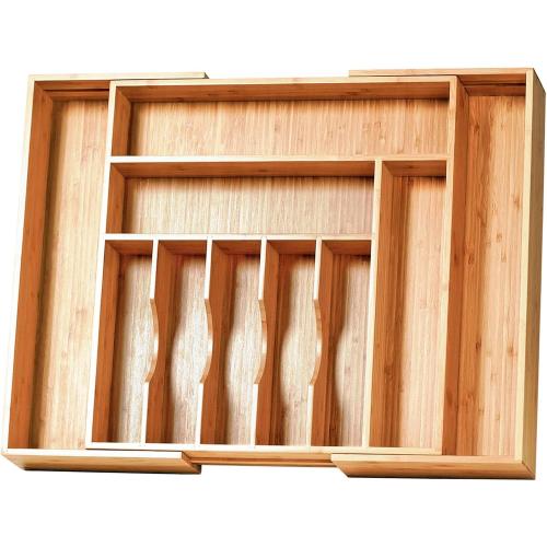 Umilife Extra Large Expandable Kitchen Siverware Utensils Drawer Organizer, 19 Deep for Big Drawer, Adjustable Bamboo Wood Drawer Divider with Curved Grooves, Cutlery Tray Flatware Holder