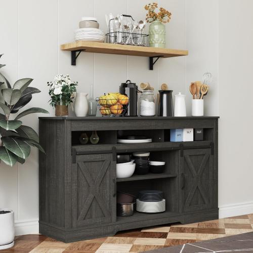 RoyalCraft Farmhouse TV Stand for 65  Inch TV, 34'' Tall Entertainment Center with Sliding Barn Doors, Rustic Wood Media Console Storage Cabinet Television Stand for Living Room, Bedroom (Dark Grey)
