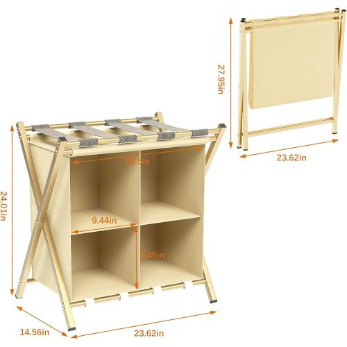 aboxoo Luggage Rack with storage, Guest Room Folding Suitcase Stands, Holds up to 120 lb, Space Saving Suitcase Holders for guest room, Bedroom Hotel, Gold