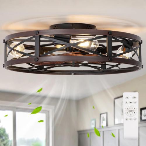 SHLUCE Caged Ceiling Fan with Light and Remote, Farmhouse Fandelier, Brown