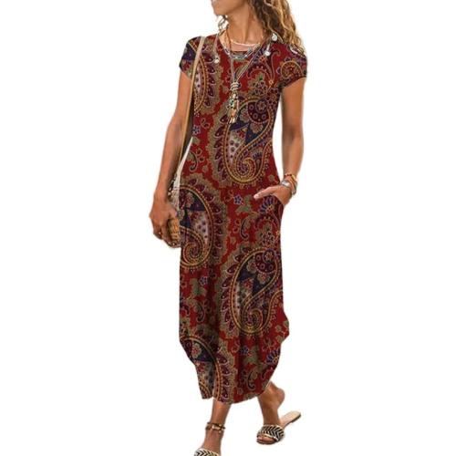 Akivide Women's Boho Floral Maxi Dress Summer Casual Loose Short Sleeve Beach Vacation Dress with Pockets size small