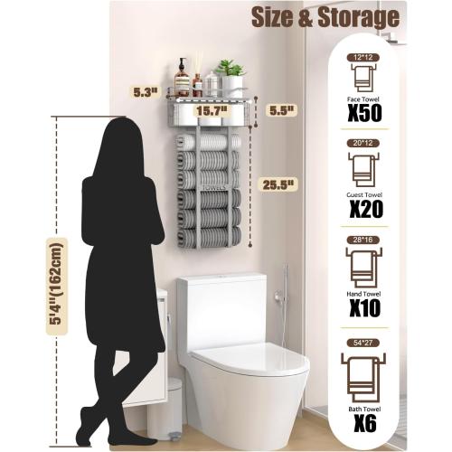 Aetyord Towel Racks for Bathroom - Wall Mounted Metal Rack with Wood Plank, Bathroom Storage Organizer, Towel Holder Stores 6 Large Rolled Towels Easily, All Grey