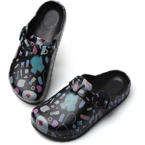 Size 8 Arch Support Nurse Clogs for Women: Non Slip Work Shoes Waterproof Garden Clogs - Adjustable Buckle Mules - Slip-On Cushion Slippers Slides