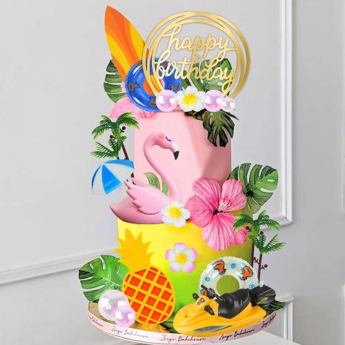 DRWATE Flamingo Cake Toppers Summer Cake Decorations Pineapple and Hibiscus Flower Yacht Surfboard Cake Toppers for Tropical Hawaiian Beach Luau Themed Party Supplies (Style 01)