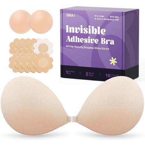 Invisible Strapless Sticky Bra Push up for Women, Ultra Adhesive Bra for Backless Dress, Cleavage Bra Lift Novelty Bras (A Cup, Light Beige)