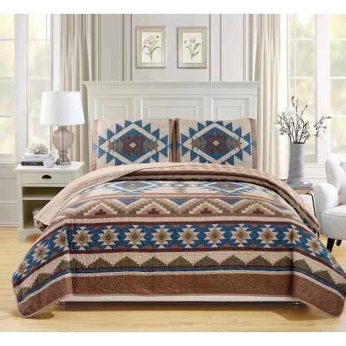 Rustic Western Southwestern Native American Tribal Navajo Design Oversized Bedspread Quilt Set in Beige Taupe Brown Blue Green Austin Taupe (King/California King)