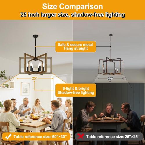 25-61 Height Adjustable Retro Wood Texture Chandelier for Dining Room, No Assembly Required Dining Room Light Fixture Over Table, Industrial Metal Pendant Lights Fixture for Kitchen Island