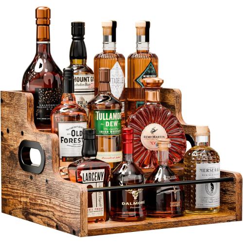 KLM Liquor Bottle Display Shelf, Coffee Syrup Rack Organizer, 3 Step Countertop Liquor Wine Rack, mini bar,liquor cabinet, Home Retro Bar Shelf Stand for Liquor Whiskey, Spirits