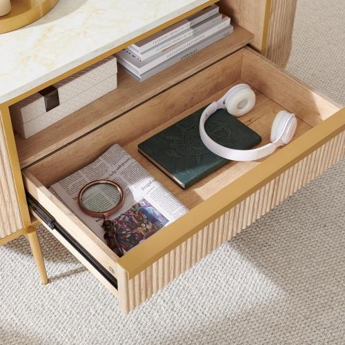 Modern Luxury Fluted Coffee Table, 48 Oval Coffee Table with Drawer, Faux Marble Top, Curved Profile Design, Gold Metal Decor, Center Table for Living Room Natural Oak