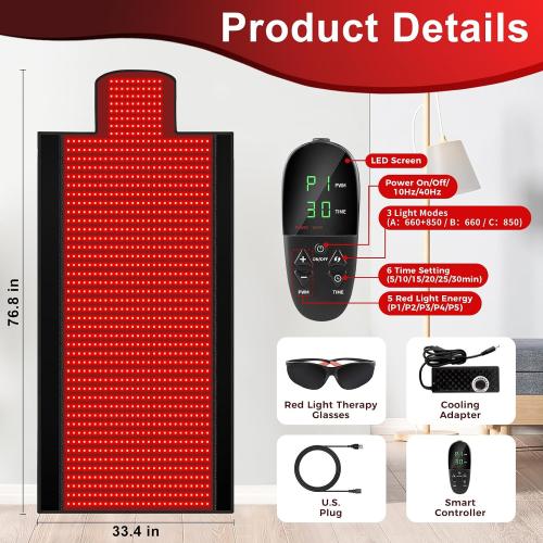 Red Light Therapy Mat, 2in1 LEDs (660nm& 850nm) Red Light Therapy Blanket, Premium Material, Adjustable Timer & Intensity