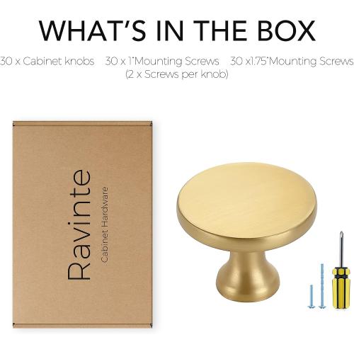 Ravinte Brushed Brass Solid Knobs Gold Kitchen Cabinet Pull,30 Pack,Round-6