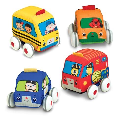 Melissa & Doug K's Kids Pull-Back Town Vehicle Set - Baby Toys Set with 4 Soft Toy Cars and Trucks, Surface Washable with Removable Wheels, Learning Toys for Babies and Toddlers