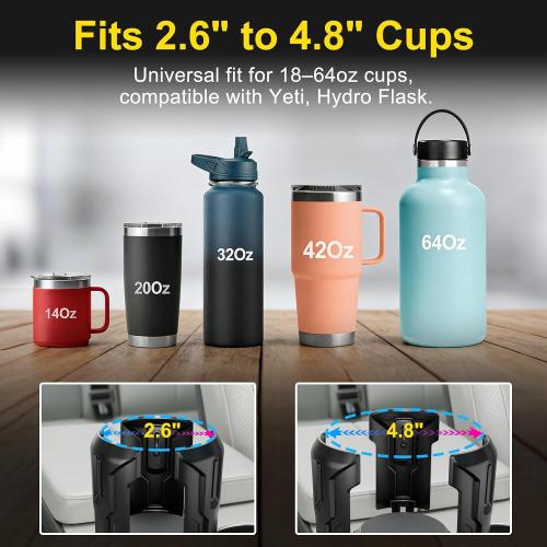Cup Holder Expander (Adjustable Holder & Base, Auto-Fit Hold, One Button Open), Car Cup Holder Expander for Yeti, Hydro Flask, Nalgene, Owala, Bottles in 2.6- 4.8 (Black,1 Pack)