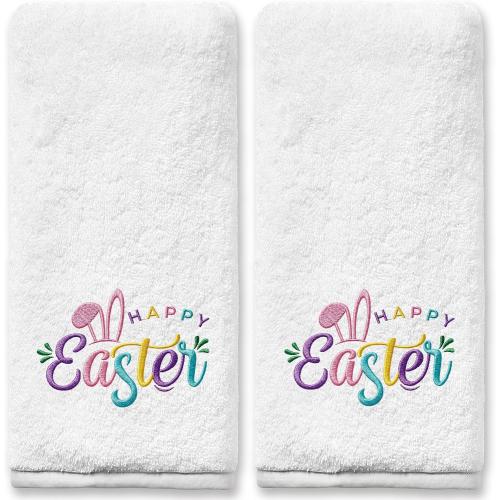 Easter Hand Towels Set of 2, Happy Easter Bathroom Decor Embroidered Rabbit Pattern Harvest Seasonal, Spring Soft Dish Towels for Kitchen Bath 14x30 Inches 100% Cotton