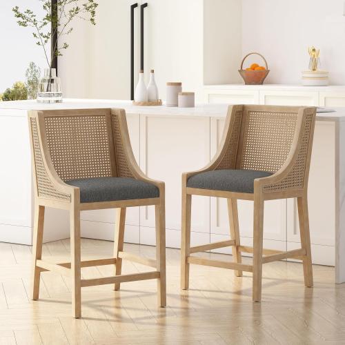 Fabric Upholstered Wood and Cane Counter Stools with Backrest,Set of 2,French Country Barstools Chair