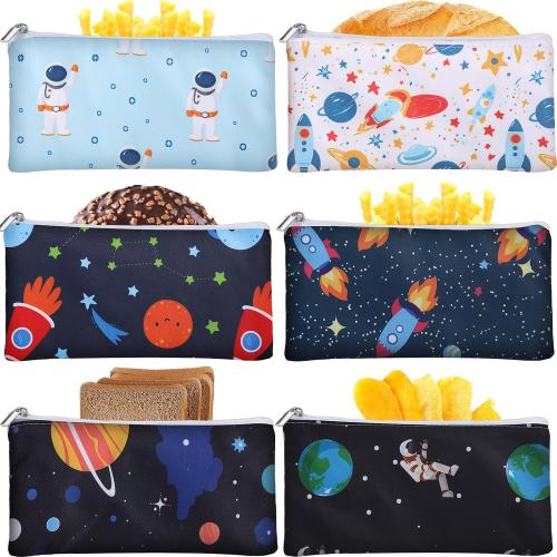 Chumia 6 Pack Reusable Snack Bags for Kids, Washable Sandwich & Food Storage Pouches, Dual-layer Silicone Lined Lunch Bags with Zipper for School & Travel(Astronaut,6.9 x 3.7 Inches)