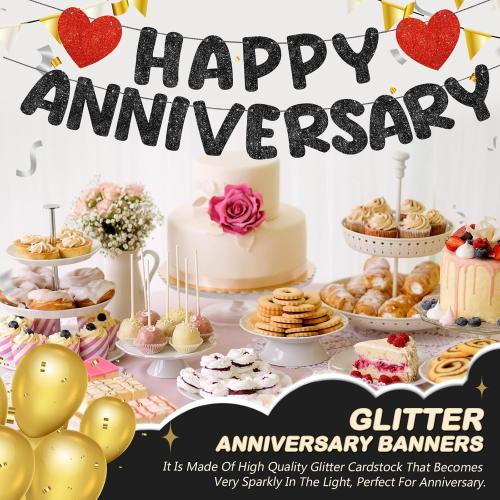 Fulmoon Happy Anniversary Banner Glitter Pre Strung No Dly, Black