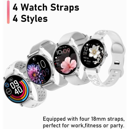 Smart Watches for Women, 1.27'' TFT Fitness Watch With Bluetooth Answer/Make Call,24H Heart Rate/SpO2/Sleep Monitor/Menstrual Cycle/120  Sports Fitness Tracker for iPhone Android iOS(4 Straps,Silver)