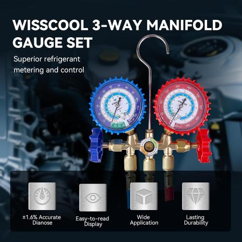 WISSCOOL 3-Valve HVAC Manifold Gauge Set for R134a, R22 and R404A