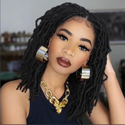 Fancy Hair Full Lace Short Faux Locs Wig with Baby Hair Lace Front Synthetic Knotless Twist Dreadlock Wig for Black Women (Natural Black)
