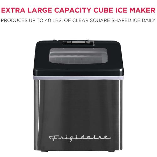 Frigidaire Ice Maker EFIC452, Countertop Stainless Steel Ice Maker with Transparent Window, Clear Ice Cube Maker with 40 lbs. Capacity, Ice Maker Machine – 14.8 D x 11 W x 14.1 H (Black)
