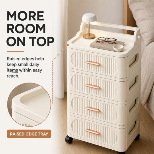 Rolling Storage Cart with 4 Drawers, Plastic Cabinet with Wheels, Raised-Edge Top and Push Handle, Mobile Organizer for Bedroom, Bathroom, Craft Room, Cream, 17.7 x 11.8 x 31.9 in