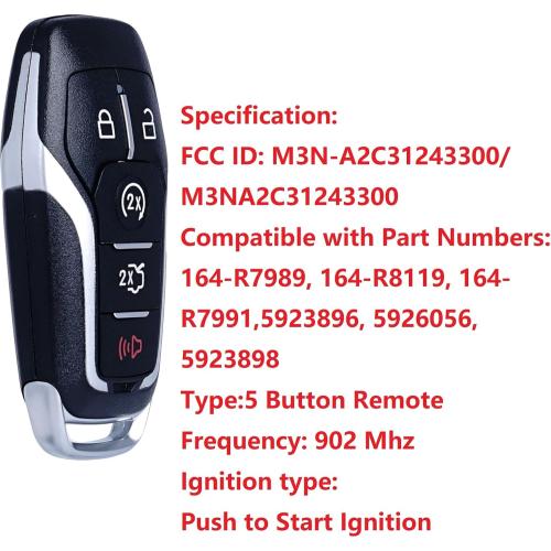 MechanMagic Key Fob Replacement Compatible for Ford Explorer 2016-2017 Edge Mustang Fusion Titanium Lincoln MKZ MKC 2014-2016 MKX 2016-2019 Smart Car Keyless Entry Remote Control 902Mhz 164-R7989