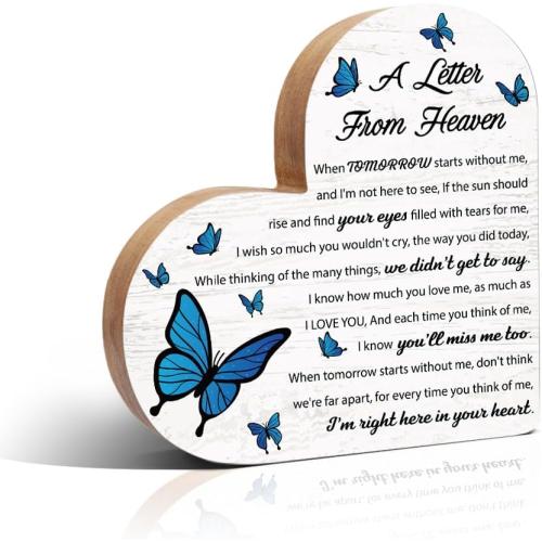Haizct A Letter From Heaven Butterfly Wooden Heart Plaque Sign, Bereavement Condolences Grief Gifts, Memorial Verse Desk Decor Gifts for Women Mom Dad Sister BFF, Sympathy Gifts for Loss of Loved