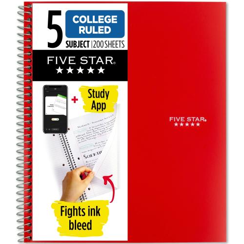 Five Star Spiral Notebook   Study App, 5 Subject, College Ruled, 8.5 x 11, BLACK