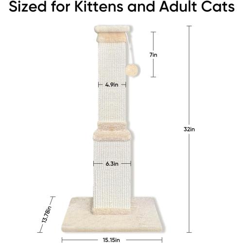 Cat Scratching Post for Indoor Cats, 32Inch Sisal Cat Scratcher, Beige