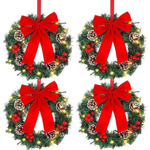 4 Pcs Lighted Christmas Wreaths, 12 Inch Pre Lit Small Xmas Wreath with Large Bow, Pine Needle Wreath with LED Lights Battery Operated Xmas Ornaments for Front Door Wall Christmas Party Decor(Red)