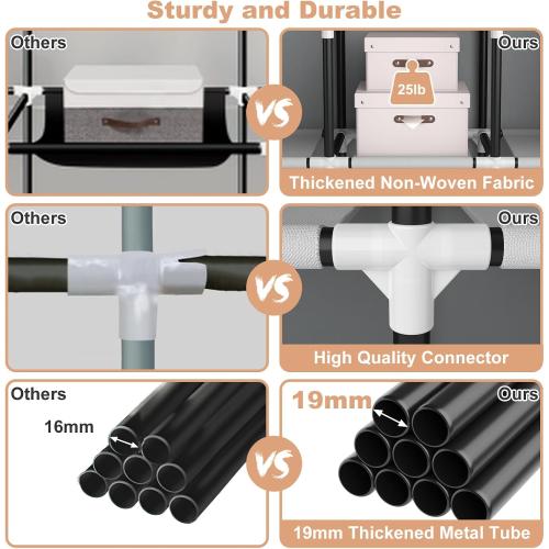 VTRIN Portable Closet Wardrobe for Hanging Clothes Closet with Cover, 3 Hanging rods, 6 Storage Shelves and Side Pocket, Diameter 19mm Metal Pipe, Sturdy Free Standing Closet for Bedroom