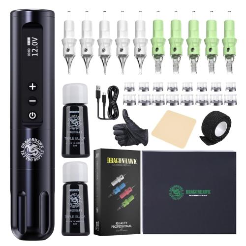 Dragonhawk Tattoo Gun Kit Wireless L1 Tattoo Pen Machine Pro Complete Tattoo Kit Black Inks Brushless Motor 3400mAh Battery Supply for Beginner