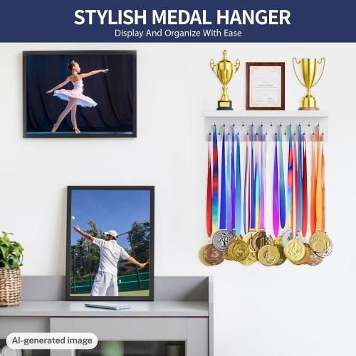Medal Holder Display Trophy Shelf Organizer, Sturdy Wooden Race Award Hanger Rack with 25 Steel Hooks, Wall Mount Storage Stand for Sports Fans, Cheer Success