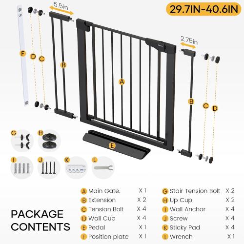 Cumbor 29.7-40.6 Baby Gate for Stairs, Mom's Choice Awards Winner-Dog Gate for Doorways, Pressure Mounted Auto-Close Pet Gates for Dogs Indoor, Safety Child Gate with Easy Walk Thru Door, Black